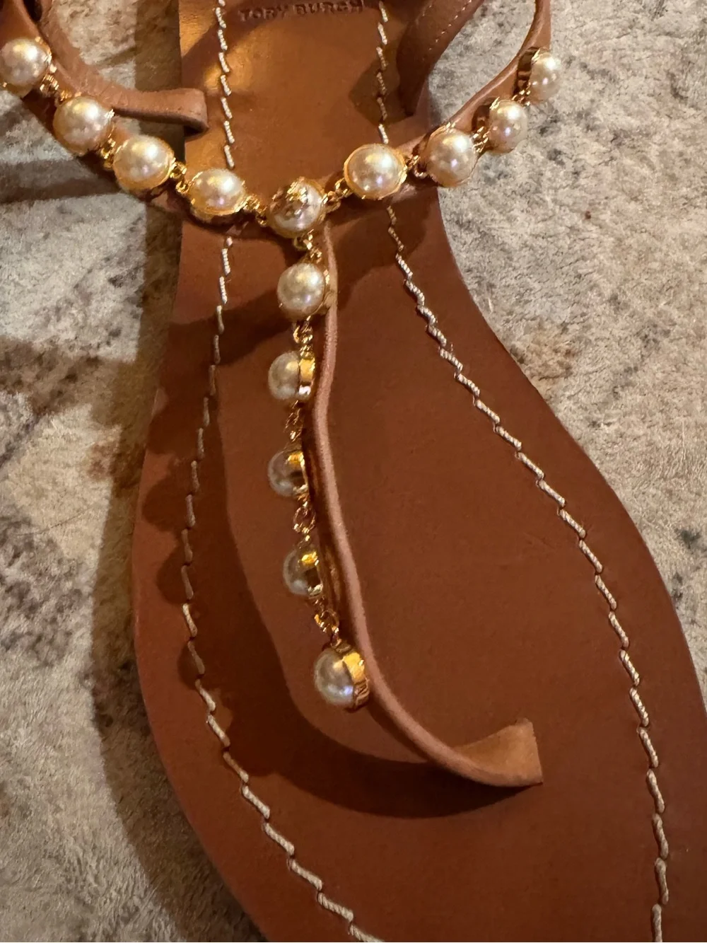Tory Burch Brown Pearl-Embellished T-Strap Sandals